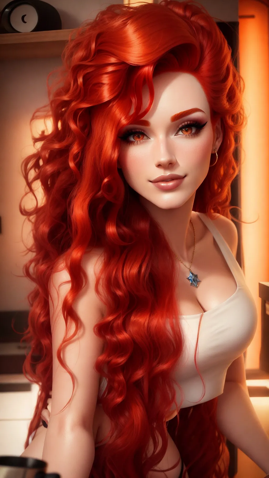 redhead woman, 19 year old, small breasts, cute, curly hair, high contrast, picture from the side, cute smooth face, beutiful, makeup, Pixar, 3d, 4k,