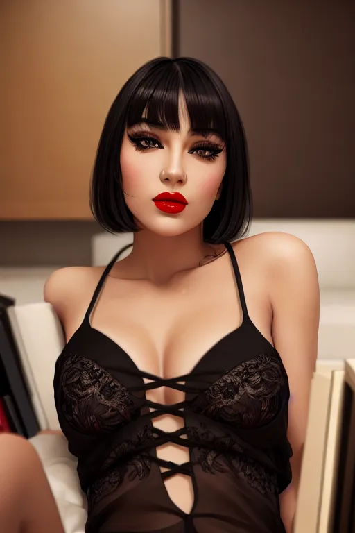 image of a beautiful nude woman, fake eyelashes, woman looking at camera, parted lips, photo referenced, best quality, ultra high res, (photorealistic:1.4), (detailed face and eyes), black hair with bangs, heroin-chic eyeliner, brown eyes, red lipstick, very large breasts, n
