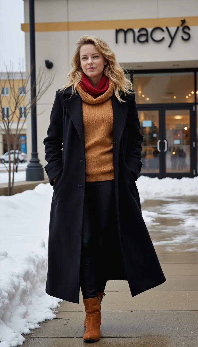 48 year old, long wavy messy hair, realistic woman, realism, hyper-realistic,
wavy blonde hair, hair styled with a blow dryer, feminine figure with hips,
medium droopy tits, cleavage, wearing a tan cashmere cowl neck sweater and black leggings, Long black wool overcoat, red scarf around neck, long legs, full body view, feminine legs, tan high heel ankle boots, posing for a casual photo outside of the Macys entrance to the Valley River shopping Mall in Eugene Oregon, light snow on the ground, cloudy day,