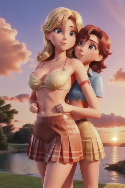 lesbians, sunset, french kiss, steamy, erotic, lesbian kiss, skimpy, short pleated skirt, breasts, groping and squeezing breasts from behind