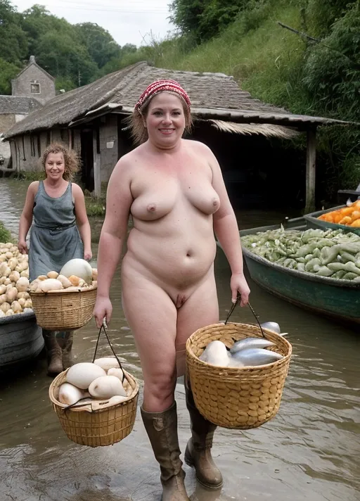A naked middle aged woman, saggy natural shaped hanging breasts, middle aged female body shape, wearing home made canvas boots, carrying a basket of fish, is always naked and is the village fish monger woman carrying a catch of fish to the village market with her naked vagina in full display.