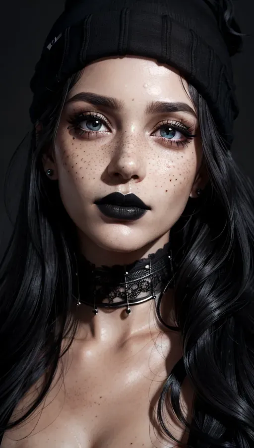 photorealistic, 8k, accurate face, detailed face, (((replicate inspiration face))), freckles, black lipstick, black hair,
wearing black beanie, black choker, close up on face,