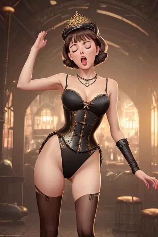 a photograph of a young Audrey Hepburn dressed as an empress, ((full body and legs visible)) seductive, wearing crown and ((leotard)), natural breasts, short dark hair, standing in an ((alternative steampunk)) ((Amsterdam)) cityscape with canals, wearing necklace, five fingers per hand,raised arms, beautiful face,beautiful lips,curved eyebrows,curved eyelid,satisfaction,highly detailed,sharp focus,cgsociety,cinematic lighting,pixiv
She must be having a powerful (((sneezing fit))) ((sneezing)) allergy, hay fever, with her nostrils flaring, ((her eyes closed)) and ((her mouth wide open)), ((damp spot on panties)), the expression on her face is one of sexual ecstasy because she finds sneezing pleasurable and arousing