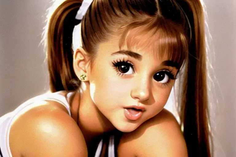A high resolution photograph of young Ariana grande, her lips are puffy soft and glossy, her make up is perfect, her face is 4K res, Ariana has a seductive look, she has her classic ponytail brown hair, dpmg_awaitingtongue_v1, big lips, perfect mouth, perfect throat