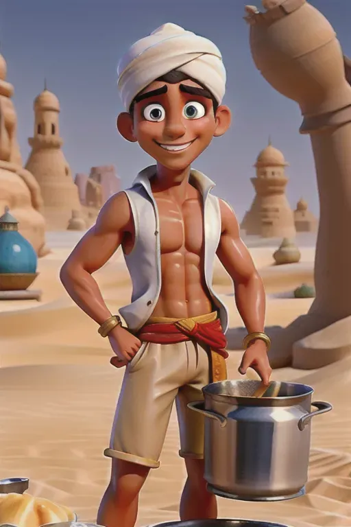 A digital picture of a tanned, arab teen boy, wearing a turban, and an aladdin costume, showing chest and barefoot, cooking stew in a metal pot in the desert while sporting a lewd grin