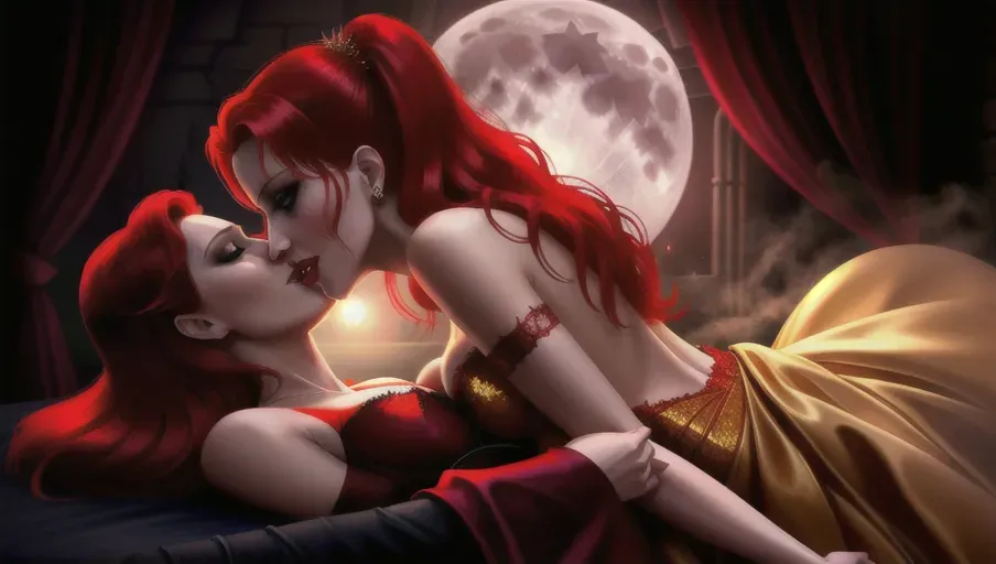 medium shot of the sexy vampire vixens of Dracula hungerly at an erotic party with their redheaded hypnotized innocent victim. Drinking, dancing, kissing her lips, her neck, her breasts, seducing their hypnotized victim, placing upon her head a shadowy veil. on a foggy moonlit night in the shadowy ballroom of a decerped old castle. Beautiful redhead still human victim early mid-thirties moderate breasts good sweet innocent, big soft round eyes, warm smile Anna of Arendelle in an elegant Nordic ballgown.
photorealistic. High resolution