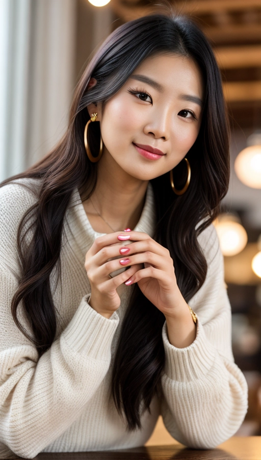 Chinese ethnicity,
Age 22,
Skin type light,
Hair color and style - black, long and wavy,
Face - heart shape,
Eyes - round, dark brown, bright,
Mouth - small with a soft smile,
Nose - straight and delicate,
Clothing style - casual chic, white blouse and high-waisted jeans,
Location - cozy cafe with vintage decor,
Body position - sitting at a wooden table, leaning forward slightly with a cup of coffee in hand,
Emotional expression - warm and inviting smile,
Accessories - delicate gold bracelet and stud earrings,
Makeup - natural look with soft pink lipstick,
Tattoo - small star behind her ear,
Camera angle - eye level,
Lighting - warm ambient light from hanging lamps,
Resolution - high resolution,
Camera type - mirrorless,
Camera settings - f1.8, ISO 200, shutter speed 100s,
Focus - on her face,