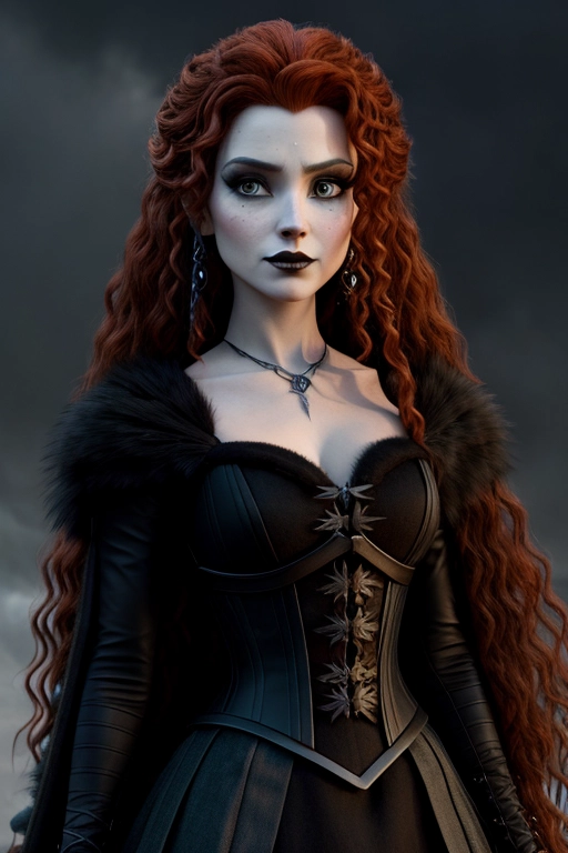 digital art of Merida from Brave wearing a goth version of her dress from Brave, black lipstick and dark eye shadow. thin skinny