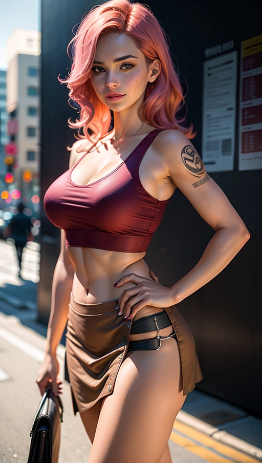 A digital professional photograph of, a hot french woman (19) wearing a (burgundy sleeveless cropped top) and (skirt) is standing ((in front of a map panel)) in a street of Taipei, (((pointing at a direction:1.2))), she is turning at the viewer, she carries a hiking bag on her back, she has raised eyebrows, (smile:1.1), ((heart tattoo)), ((cat tattoo)), (beautiful face), beautiful lips, ((perfect breast)), beautiful eyes, pixie auburn hair with pink highlights, smooth light, highly detailed, (cinematic lighting), ((cinematic composition)), god rays, five fingers per hand, 8k, HDR, (highest quality:1.8), highest resolution, (photorealist:1.72), (photorealism:1.72), (masterpiece:1.18), --s 750
