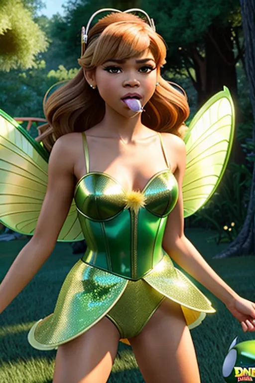 Best quality, photorealistic, Zendaya as tinker bell, short skirt, big eyes, big cock in her mouth, surrounded by huge cocks, blowbang, (on knees)