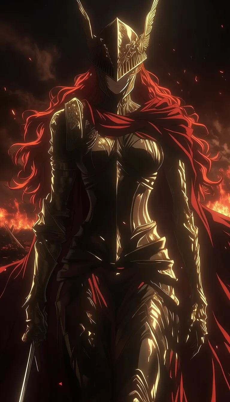 dark_art_style, malenia blade of miquella, 1girl, solo, red hair, long hair, wavy hair, helmet, armored helmet, winged helmet, face covered, no eyes visible, serious, stoic, standing, front view, centered, symmetrical, armor, full armor, golden armor, plate armor, pauldrons, gauntlets, breastplate, metallic, reflective, red cape, red cloth, skirt armor, knight, warrior, fantasy, epic, powerful, sword, holding sword, battlefield, fire, smoke, dramatic sky, red lighting, cinematic lighting, dramatic lighting, high contrast, shadows, anime style, detailed, high detail, masterpiece, best quality