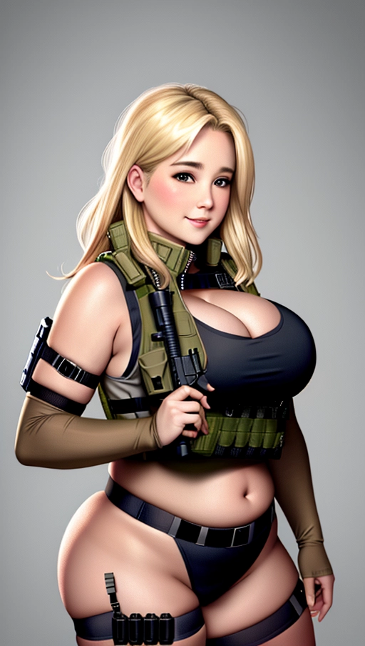 Hot blonde, adult face, smiling, chubby, voluptuous, huge breasts, european, blonde hair, nude, ((tactical vest)), (((wearing a tactical explosive vest)))), cleavage, explosive vest (suicide bomber:1), sports bra, wide hips, thick thighs, wrapped in Dynamite