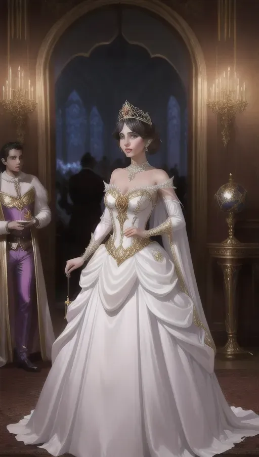 amidst the revelry of a grand masquerade ball, a clumsy servant trips spilling wine on beautiful auburn haired Queen Anna of Arendelle in a satin, pearl and gold masked, pristine white heirloom ball gown. An opportunistic Marquies De Sade looking on. photorealistic. High resolution