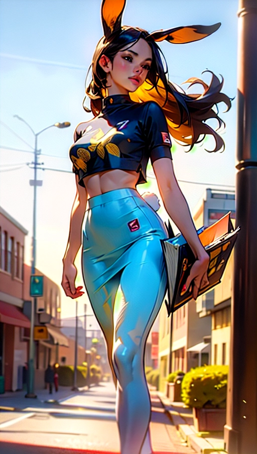 A digital photograph of, professional photograph, (1 beautiful academic woman (23) (wearing (tight crop top with bunny printings) and ((long) plate skirt)) holding (books:1.2) and notes is walking towards her university building), she is currently outdoors, wind is blowing in her hair and skirt, the sky is cloudy but blue sky appears between clouds, (unicorn tattoo), ((perfect face)), beautiful eyes, beautiful lips, highly detailed, perfect perky breast, (cinematic lighting), cinematic composition, bokeh, photon mapping, 32k, vivid colours, (highest quality:1.8), highest resolution, (photorealist:1.72), (photorealism:1.72), (masterpiece:1.18), --s 750 --v 5.2