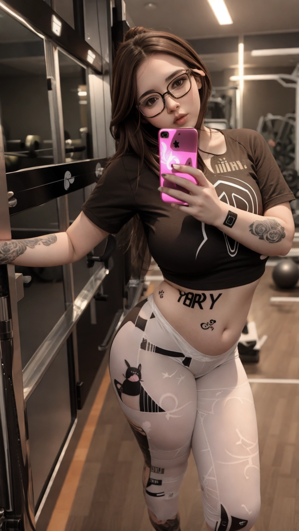 Gym bunny, brown hair, glasses, big hips, holding an iPhone. Tattooed,