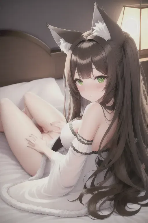 high quality, detailed, anime girl, dark brown hair, green eyes, wolf ears on head, fluffy ears, fluffy tail, innocent, shy, night gown, on bed, fingering her pussy, laying down, no panties, wet, turned on, wants to fuck, up skirt