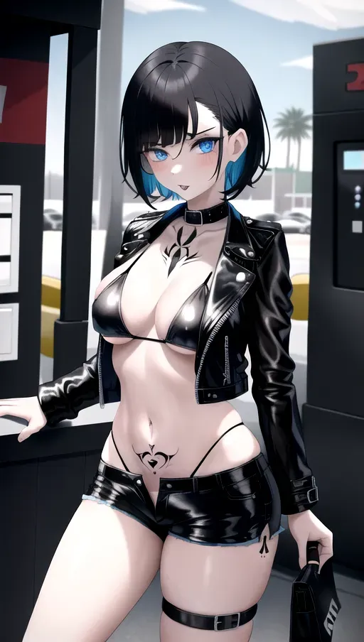 1girl, medium breasts, pale skin, tattoos, short black hair, blue eyes, goth, leather jacket, black shorts, black bikini, sexy, in public, cute, gas station