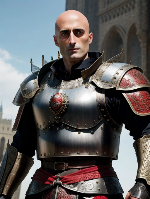 intricate highly detailed photorealistic realistic ultra realistic sharp focus with mark strong dressed in medieval lion armor with red accents