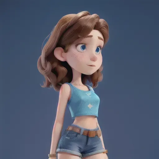 Oval heart face shape, angular jawline, barely visible freckles on the cheeks, height: 5 feet 3 inches, pale skin, brown hair, blue eyes, hair that just goes past her shoulders, rectangle-shaped figure, pronounced hips, good shoulders, and a well-defined waist, c cup, shaved pussy, plain black tank top, chocker, blue jean shorts, amazing ass