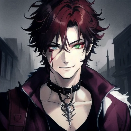 (masterpiece:1.2), (best quality), (ultra detailed), (8k, 4k, intricate),(highly detailed:1.2),(detailed face:1.2), (detailed background),detailed landscape, (dynamic pose:1.2), solo male, hunter, pet chain collar spiked around neck, fluffy purple jacket, heterochromia, wolf animal eyes, plain white shirt, auburn antenna spikey hair disney prince messy medium antenna length light, male guardian of the earth , teen wolf, bloody, psycho look in eyes, grinning, smiling , blood , dark green color right eye, school clothing, auburn hair, bright eyes , heterochromia, no facial hair, background paint spots creative ,masterpiece, digital art masterpiece