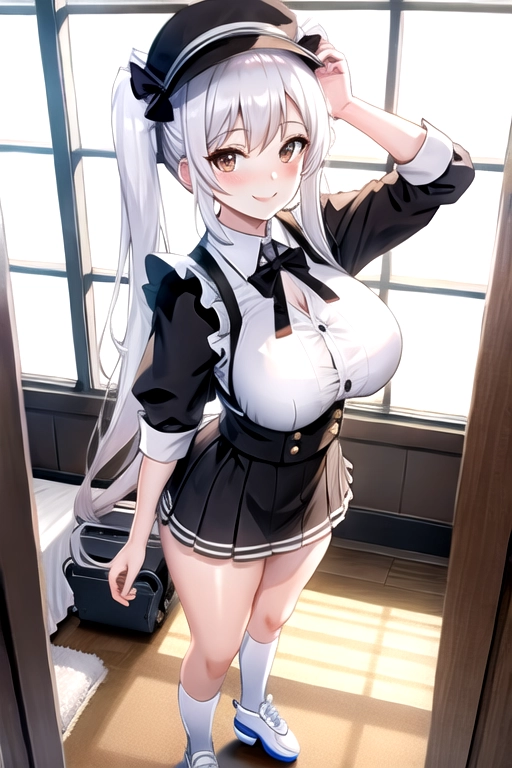 8k quality, brown eyes, pale white skin, white hair, giant breasts, cleavage, looking at viewer, pov, long hair, wavy hair, standing in bedroom, maid uniform, roller skates, miniskirt, pigtails, full body photo, smiling