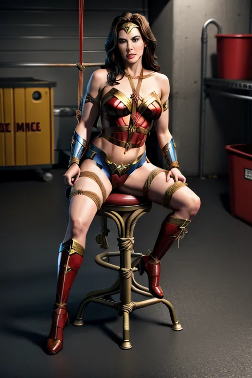 wonder woman, (bondage:1.4), garage, chair