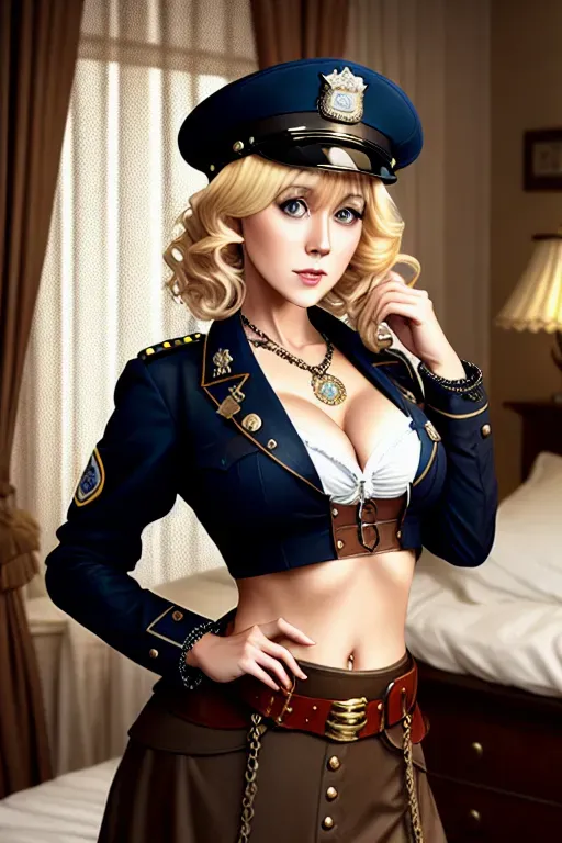 a digital art of,Agnetha Faltskog,wearing steam punk police clothes,on the bed,natural breasts,five slender fingers,wavy curtain bang,beautiful face,beautiful lips,curved eyebrows,romantic,wearing necklace,pixiv,highly detailed,
