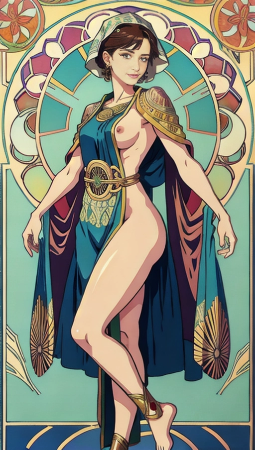 painting with (mucha artstyle) of, masterpiece,perfect edges, ultra realistic, perfect anatomy, realistic skin texture, ((full body)), woman, standing, short dark hair, highly detailed face, detailed eyes,perfect hands, medium breasts, (wearing toga), ((bare breasts))