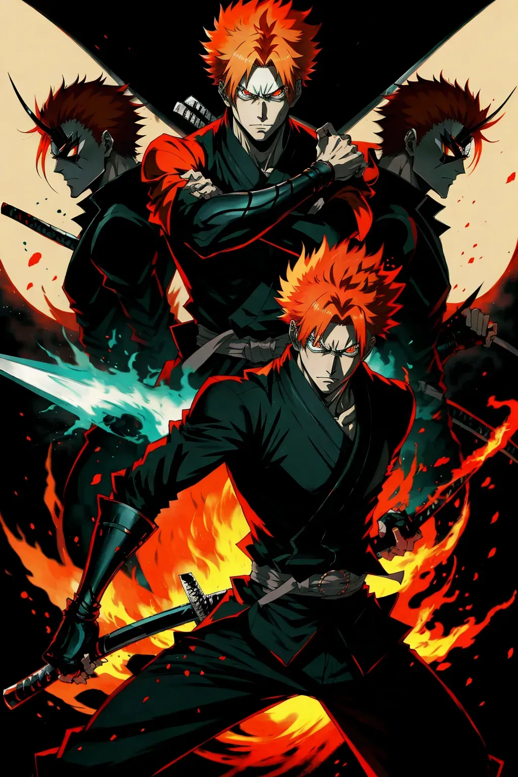 Ichigo Kurosaki, anime, orange hair, in black Shihakusho, male, 8k wallpaper, best quality, ultra hd, global lighting, hi-resolution, high quality, fighting stance, with zangetsu zanpakuto