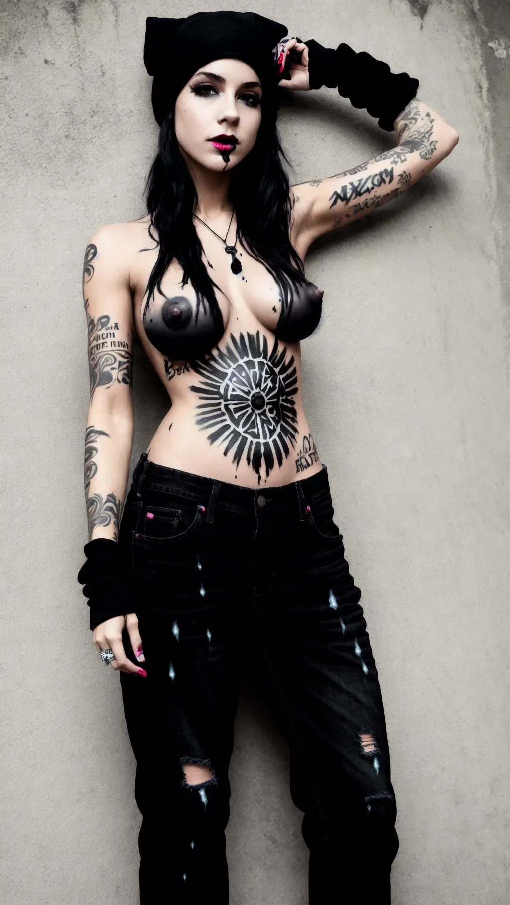 ultrarealistic image, full-body image, gorgeous topless barefoot scrappy female white-skinned gang leader girl with bare breasts and erect black nipples and bare feet and toned muscles wearing a bling necklace and wearing black fingerless gloves and wearing long black baggy jeans and wearing a bandana on her head with black paint covering her nipples and a chest tattoo while walking through a rock concert stadium at night, wearing long black baggy jeans, wearing long black baggy jeans, wearing long loose baggy jeans, barefoot, topless, black nipple paint, erect nipples, black nipple paint, erect nipples, black nipple paint, erect nipples, black nipple paint, black nipple paint, black nipples, black nipples, black nipples, black nipples, black nipple paint, black nipple paint, barefoot, barefoot, wearing long black baggy jeans, black paint on nipples, puddles of oil on the ground, black nipple paint, toes, black nipple paint, black nipples, black nipple paint, black nipples, black painted nipples, nighttime, rock concert crowd,