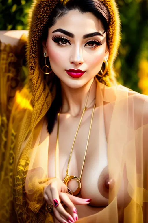 large breasts,five slender fingers,undercut hair,charming face,beautiful lips,black eyes,curved eyebrows,smooth skin,satisfaction,wearing golden ring,editorial,professional,bokeh,sharp focus,ultra realistic, nude, breasts exposed