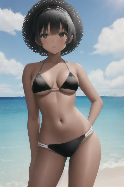 a black girl wearing a white string bikini, petite, black hair, black eyes, small breasts, well rounded ass
