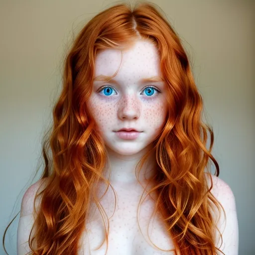 A cute stunning ginger Irish teenager with long wavy hair and freckles, tanned, large eyes