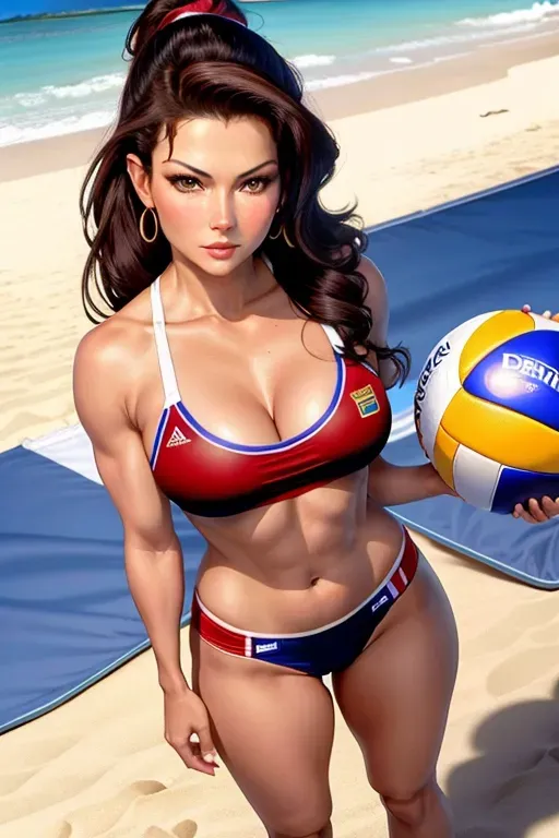 colour photo,20 year old Catherine zeta Jones, beach volleyball outfit, standing, medium breasts, charming face, beautiful lips, brown eyes, curved eyebrows, cosy, 8k, arched back, full body, symmetrical eyes, cameltoe, at the beach,