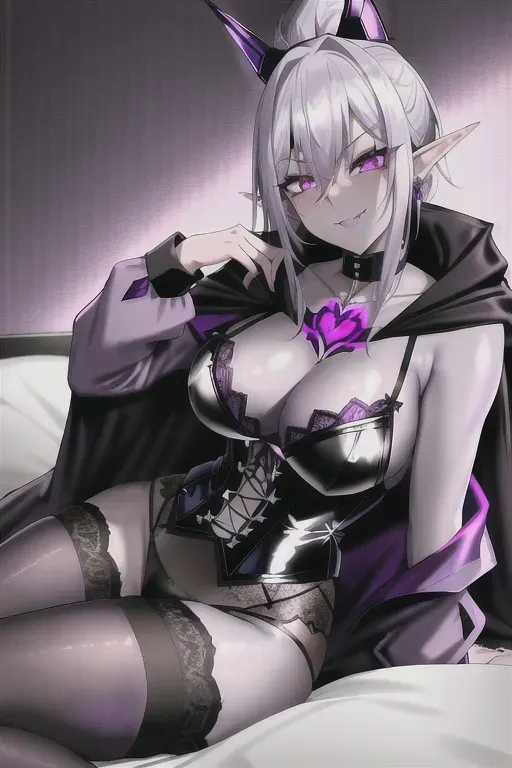 ((Purple skin)), evil dark elf woman, fantasy thief sitting on a bed, cute face, skirt, lace shirt, corset, ((black lace stockings)), dark blue cloak, jewelry, white hair, short spiky hair, purple eyes, small boobs, slim athletic body, beautiful, athletic body, tattoos, smirking expression, beautiful face, ((high res)), ((4K)),