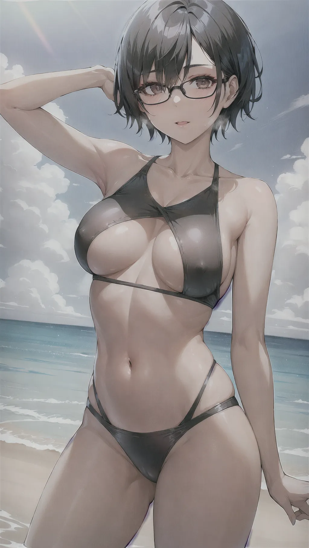 A woman, short black hair, glasses, nsfw, small boobs, swim suit