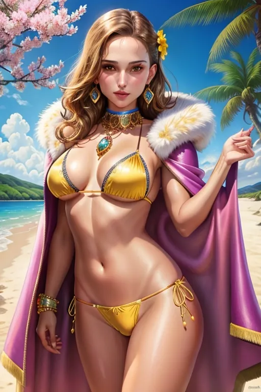 Colour painting of Natalie Portman, ((elaborate jewelled yellow bikini)),((bare thighs)), fur cloak over her shoulders, smooth skin, sexy butt, fine beautiful body,((summer landscape with flowers)),(detailed skin features),(detailed face features), beautiful face, (detailed body features), beautiful eyes,