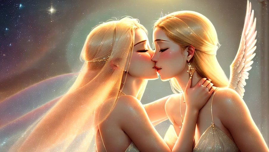 An enchanting visual prompt capturing the intimate and sensual connection between two Female Angelic Lesbians in a celestial setting. The high-resolution image showcases the divine beauty of both angels, intertwined in a passionate embrace, their wings unfurled in a display of ethereal grace. The scene is illuminated with HDR lighting, enhancing every detail of their celestial forms. Both angels are adorned in alluring attire that accentuates their curves and angelic features, creating a mesmerizing and sensual atmosphere. The angels radiate a godly presence, embodying love, passion, and magic in their tender interactions. Their wings symbolize power, beauty, and harmony, adding an element of divine elegance to the scene. The celestial lighting casts a soft glow around them, heightening the intimacy and allure of their connection. The angels expressions convey joy, desire, and a deep emotional bond, capturing the essence of their love and affection for each other. The image exudes a sense of heavenly bliss, with the angels embodying beauty, sensuality, and divine grace in their intimate union. The visual prompt portrays the angels in a moment of shared ecstasy, radiating happiness, pleasure, and a profound sense of connection. The scene evokes themes of love, desire, and intimacy, with a touch of eroticism, romance, and celestial charm. The angels expressions are filled with joy, passion, and a shared sense of divine ecstasy, creating a captivating and alluring visual narrative.