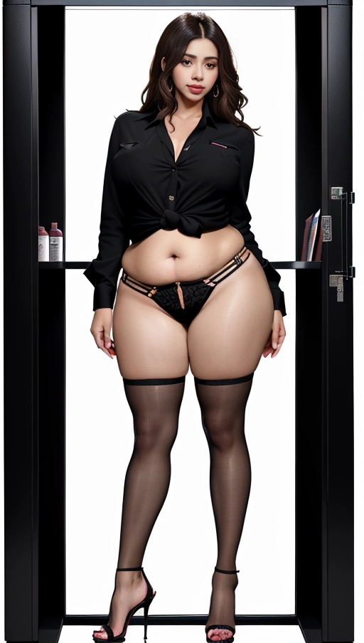She wears a revealing button-up showcasing her voluminous natural breasts and opts for nothing underneath, accessorized with a pair of stilettos, Converted into a lifelike android, she stands encased in a hard plastic casing like an exhibit piece, Latin, Her appearance reflects her transformation from human to machine - she seems unaware or unable to respond due to her current state of preservation, Despite carrying some extra pounds she manages to retain an attractive figure, She has been transformed into a meticulously crafted android, resembling a fresh new toy, Wearing a button-down top that highlights her ample natural breasts and pairs them with nothing beneath, she finishes off her ensemble with a pair of stilettos, The Latina beauty is encapsulated inside a brightly colored plastic casing, almost as if it were meant to entice potential buyers, Her expression remains serious yet focused on her new artificial existence, Despite carrying extra weight, she continues to exude an irresistible charm trapped within the confines of her futuristic prison cell, The image portrays her entire form confined within the playful yet restrictive packaging of her display case, (((full body view, full body photo)))), ((full body view)), ((natural big breasts)), (((overweight))), (((hyperrealistic))),
Masterpiece,
perfect edges,
ultra realistic,
perfect anatomy,
realistic skin texture