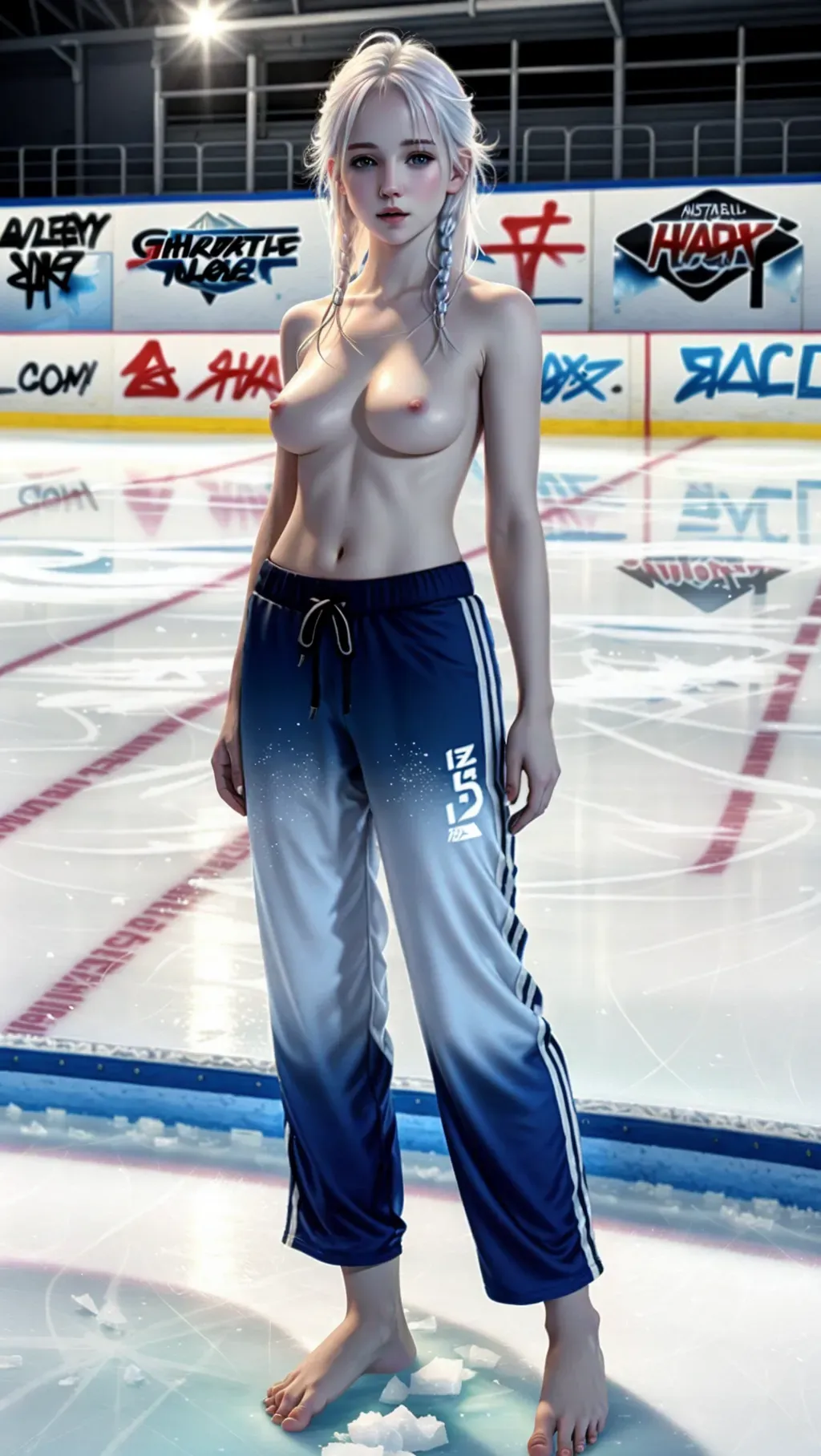 ultrarealistic image, short topless barefoot pale white-skinned jounalist girl with erect nipples wearing casual clothing with long pants with icy breasts while standing barefoot on ice in the middle of an ice hockey rink during a hockey game, wearing long pants, wearing long pants, barefoot, barefoot, topless, graffiti feet, sexy feet,