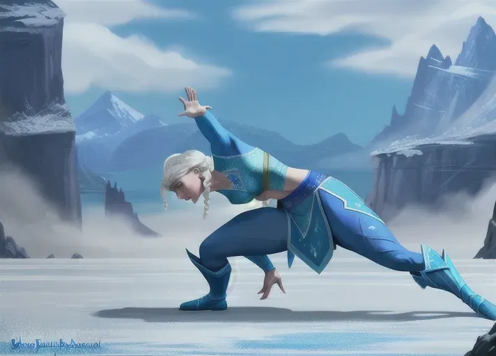 Beautiful Elsa of Arendelle training with Sub-Zero of Mortal Kombat. photorealistic. Medium shot. low angle.