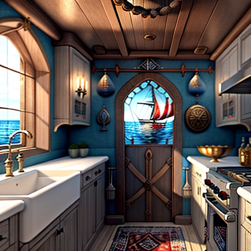 A painting of a medieval Galley, heavily decorated and sailing the seas in open sea.
