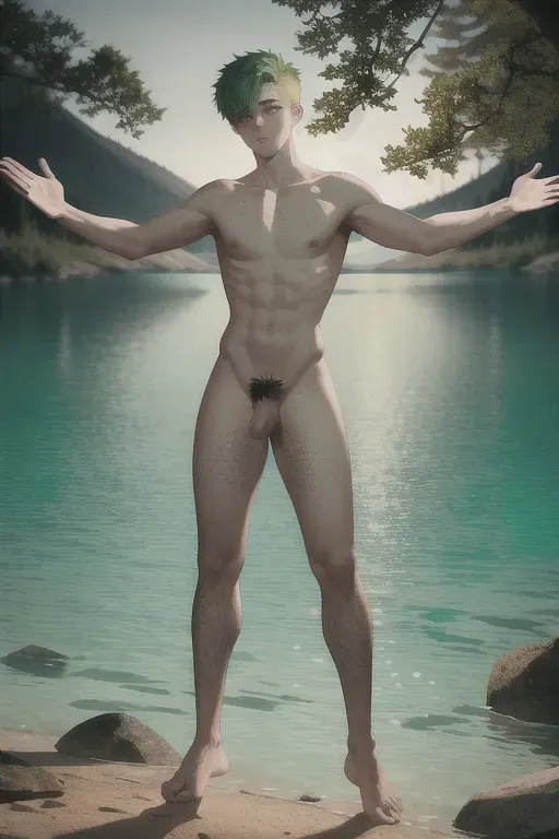 A 20-years old naked man with green-dyed short hair and his body covered with freckles getting out of the water in a lake surrounded by a forest, waving a hand, pubic hair, long penis, nice thighs, ((full body)), ((night)), campfire illumination