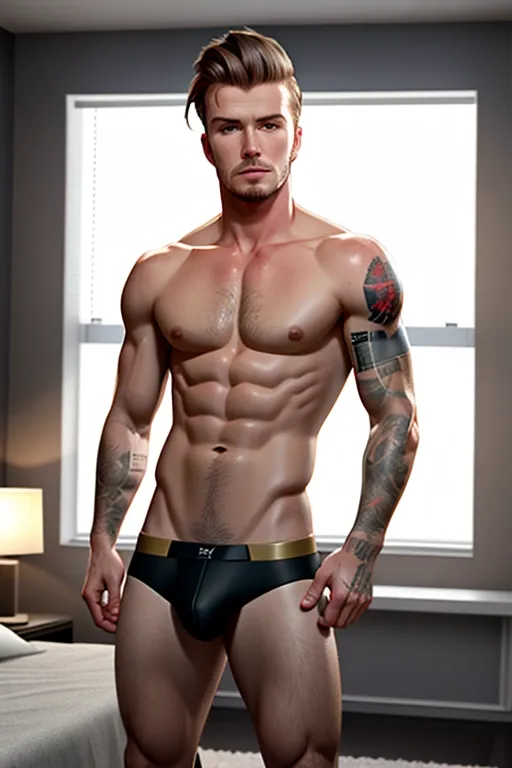 Beautiful boy. very cute young David Beckham, accurate face, wearing thong briefs, bare torso, full body and thighs visible, in bedroom, satisfaction,highly detailed,sharp focus,cgsociety,cinematic lighting,pixiv.