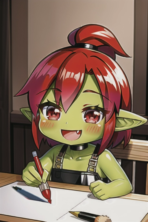 Red head goblin girl, green skin, pointy ears, holding paint brush, drawing, cute, happy,
<lora:headpat:1> chibi
