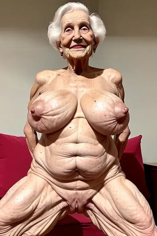 (great grandmother),(90 years old),(naked),(wrinkled skin),(very skinny),(huge tits), bent over, showing ass