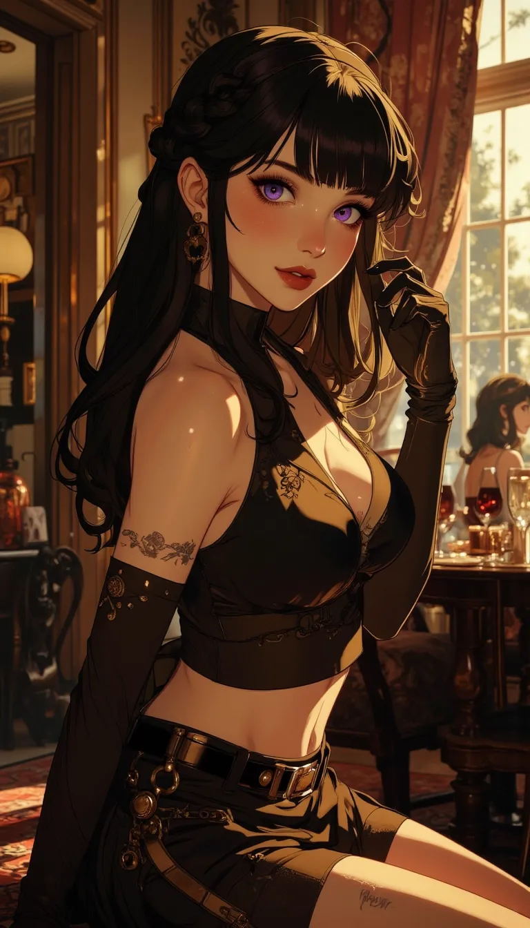 Anime style. 1boy, Serena, SerenaRH, very long straight black hair, brown eyes, gorgeous lips, dark lips, medium perky breasts, perfect body, large hips, fit body, thick thighs, 1g0r, Dutch angle, earrings, elegant, makeup, fancy party room, indoor, golden details, dramatic light, face closeup, parted lips, makeup, abs, solo, parted lips, shiny skin, sweat, brown hair, toned, brown eyes, big breasts, braid, muscular male, black hair, long hair, looking at viewer, indoors, easynegative, FMAB_Envy, 1boy, solo, long hair, black hair, purple eyes, slit pupils, headband, crop top, bare shoulders, midriff, gloves, fingerless gloves, skirt, side slit, bike shorts under skirt, bike shorts, toeless legwear, leg tattoo, 1femboy, on knees