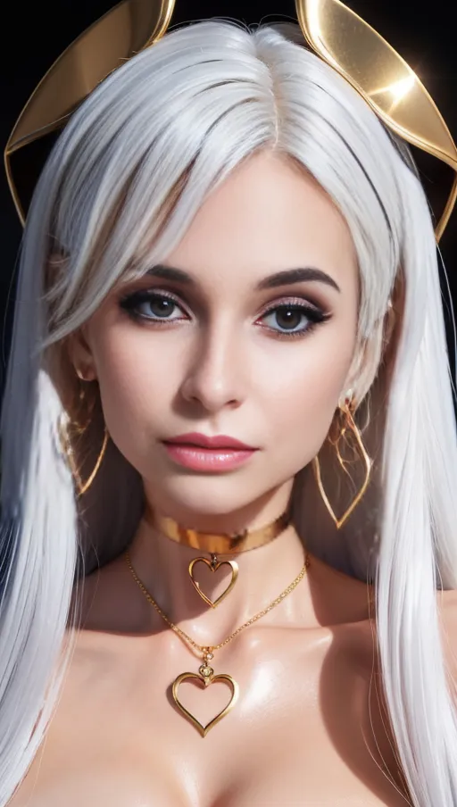 best quality, (((ultra high res))), (detailed face and eyes), hearts, perfect face, big choker, golden earrings, jewelry, ((eyes closeup)), glowing heart, golden heart necklace, big heart pasties, latex neck, white hair