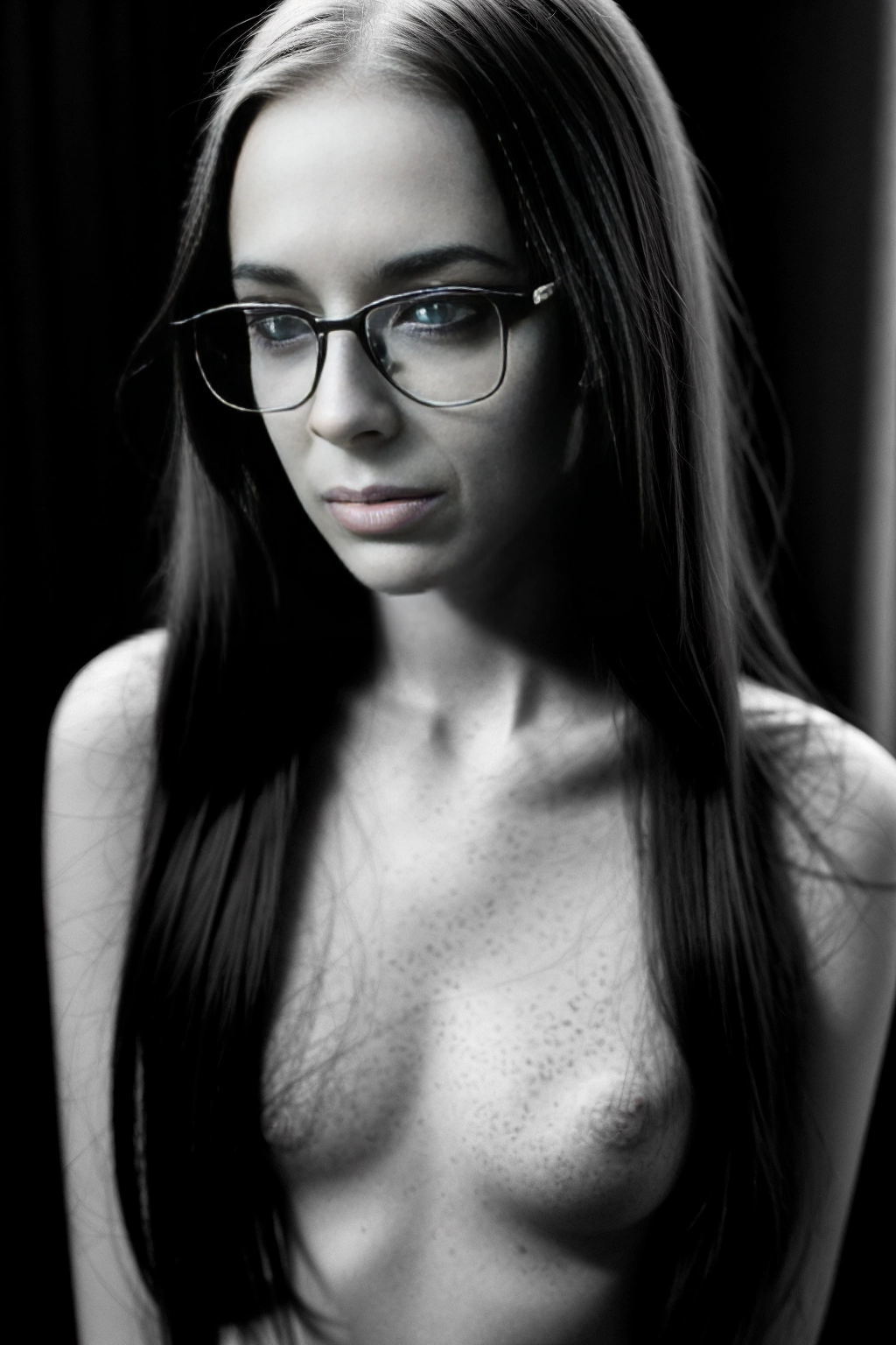 Olivia, a thin white pale skinned woman with freckles and long red hair about 14 years old very thin, flat chested, wearing browline glasses, thoughtful expression, gray eyes, indoor lighting, shadowy, full body and head shot, Ultra realistic photograph, very wide angle, dim lights, shadows, film noir style, monochrome, sepia tone, copper lighting