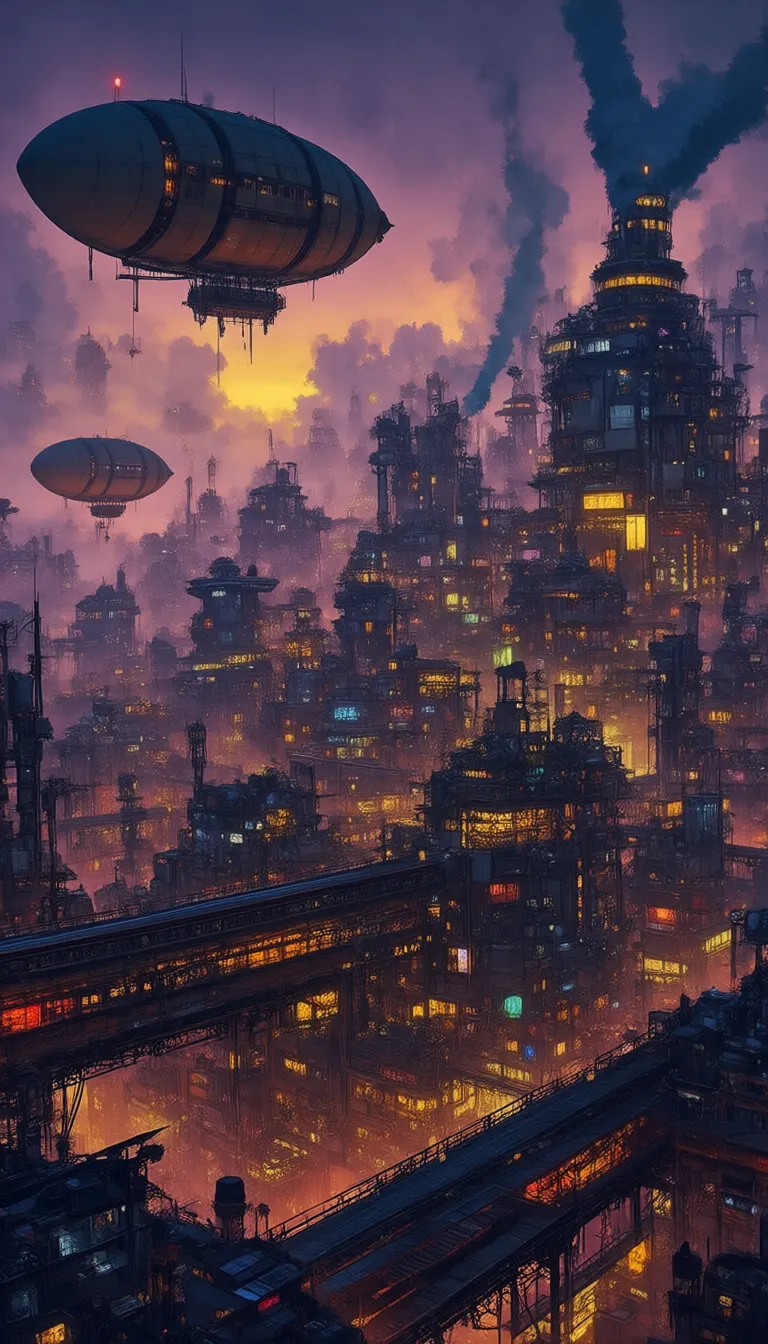 The image is a vibrant, highly detailed digital illustration depicting a futuristic, dystopian cityscape at night. The scene is dominated by towering industrial structures, including factories, refineries, and various mechanical components. The cityscape is illuminated with a mix of neon lights, creating a kaleidoscope of colors including bright yellows, oranges, and blues. In the foreground, numerous interconnected buildings and catwalks crisscross the scene, with a prominent, elevated railway system and numerous pipes and conduits. The buildings are a mix of sleek, modern structures and older, more industrial ones, with a blend of glass, steel, and concrete. Several large, zeppelin-like airships float in the sky, one in the upper left and another in the mid-left, emitting a warm, glowing light. They are equipped with various mechanical details, such as propellers and control cabins. The background features a dramatic, smoky sky, with a gradient of colors transitioning from deep purples and blues to oranges and yellows, suggesting either sunrise or sunset. Smokestacks from the factories belch out plumes of dark smoke, contributing to the industrial atmosphere. The overall style is reminiscent of cyberpunk or steampunk art, with a focus on intricate detail and a rich, glowing color palette.